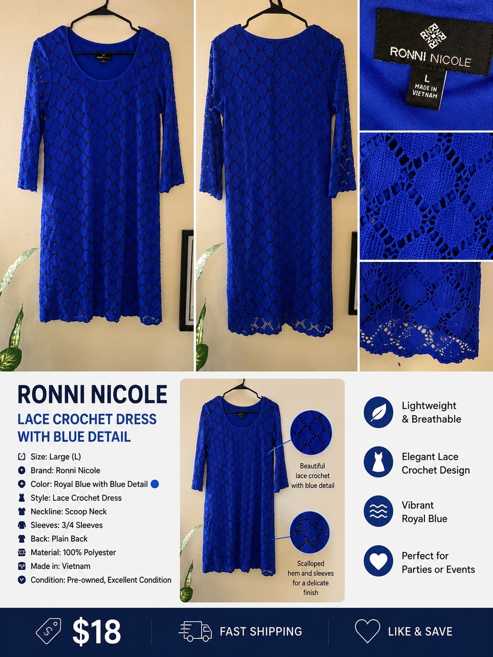 Ronni Nicole Vibrant Royal Blue Lace Crochet Midi Dress